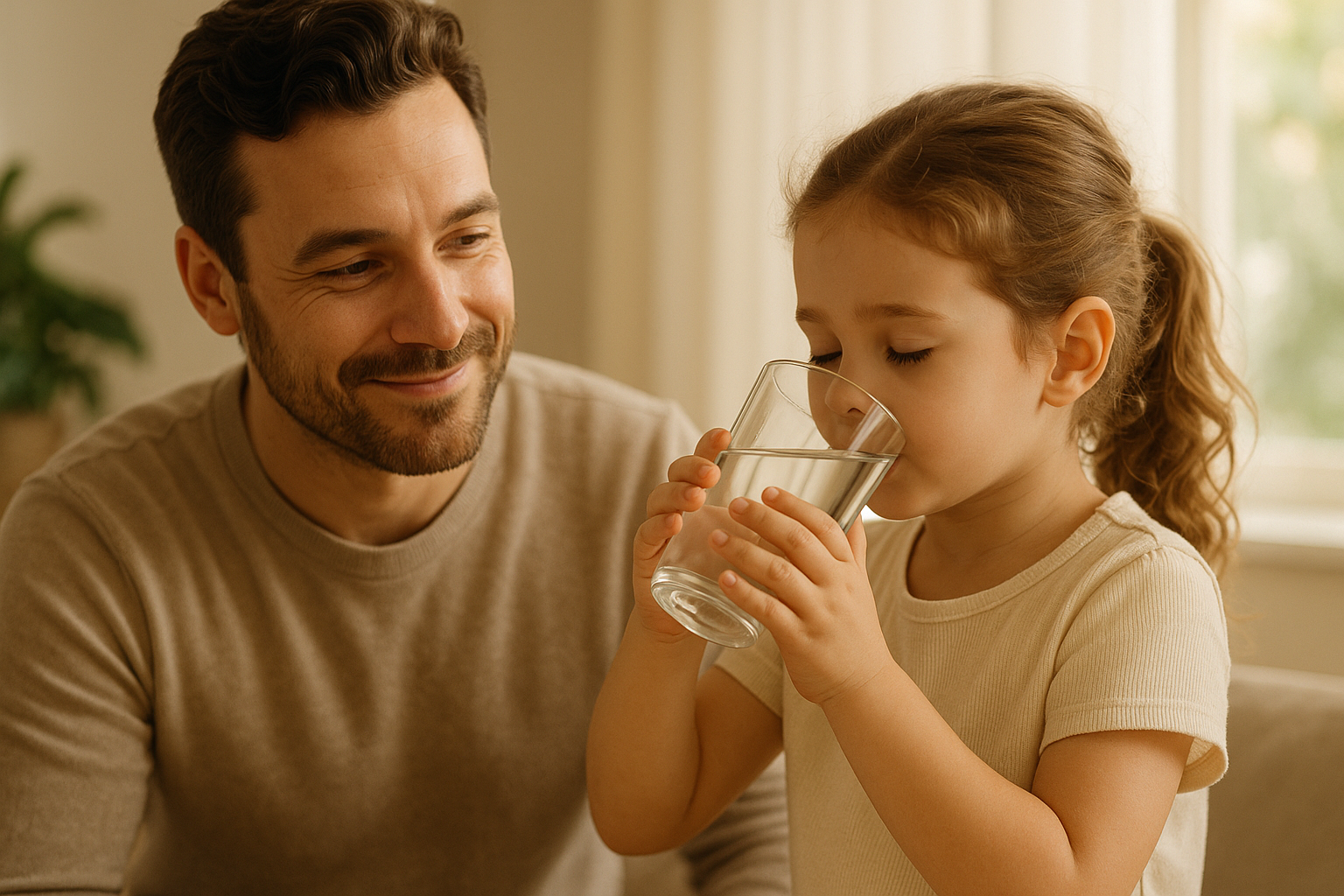 A father looking his dauther dringink water in a glass